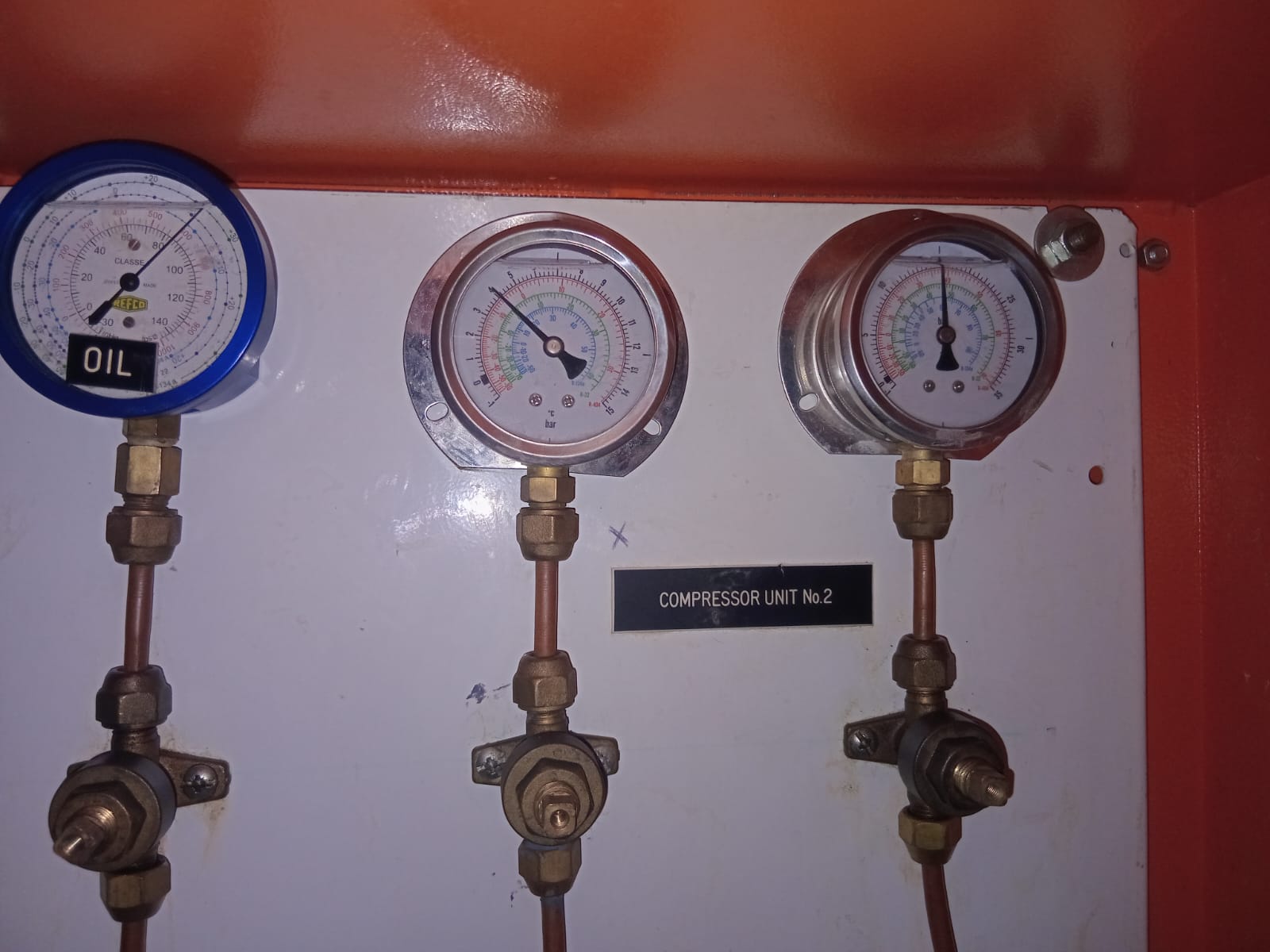 Refco gauge panel — Compressor Unit No. 2 (HP / LP / oil)