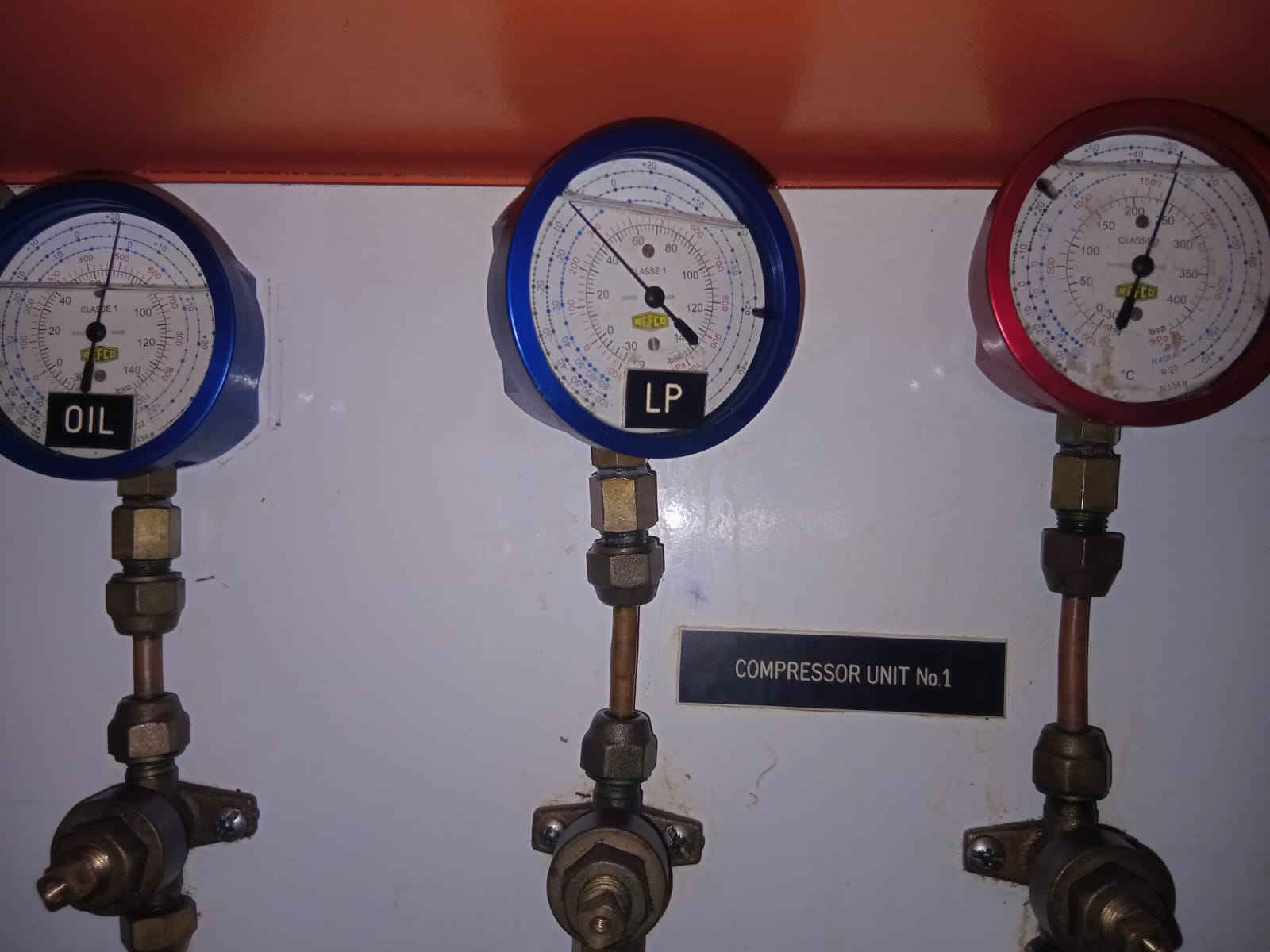 Refco gauge panel — Compressor Unit No. 1 (oil / LP / HP)