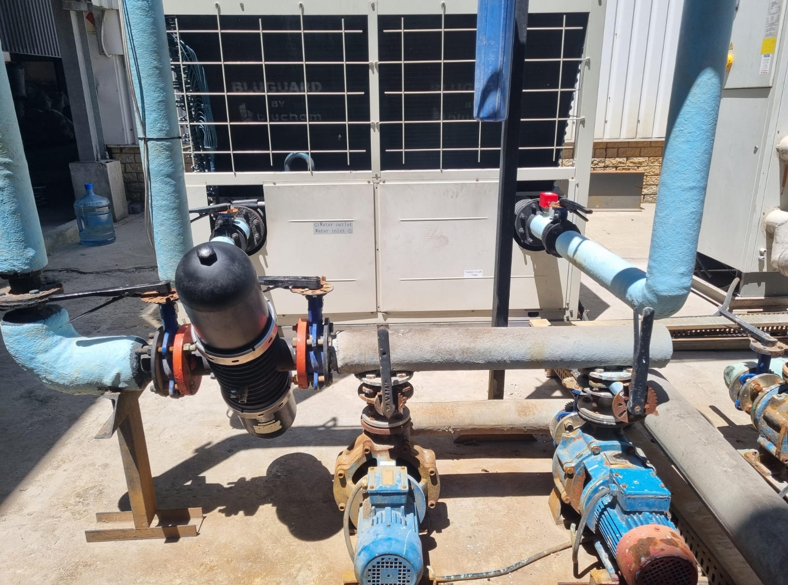 Bluguard chiller plant-room — pumps, strainer & isolation valves
