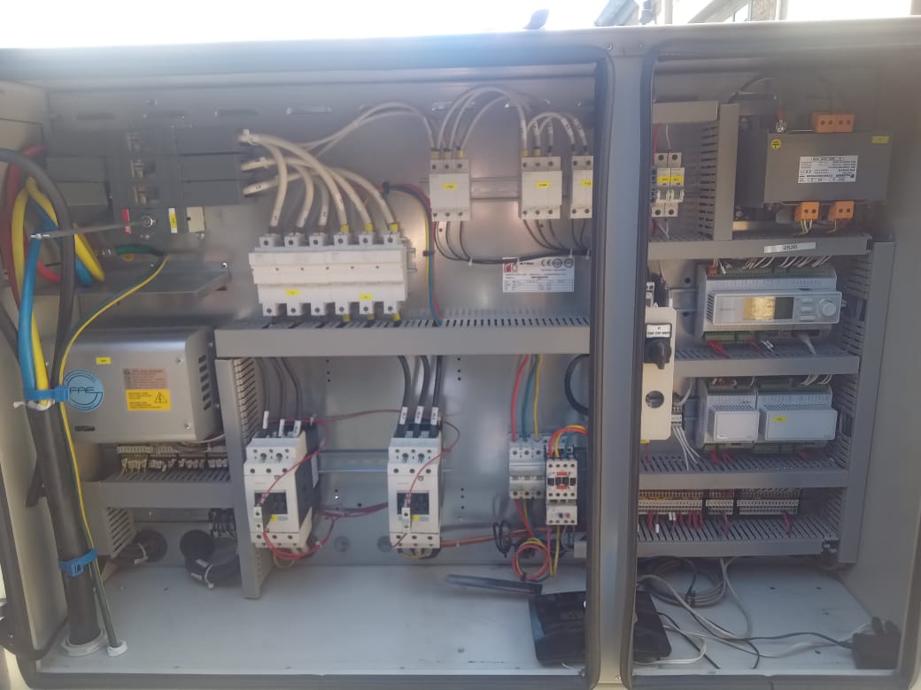 Chiller control panel — Carel BMS, contactors & soft-starts