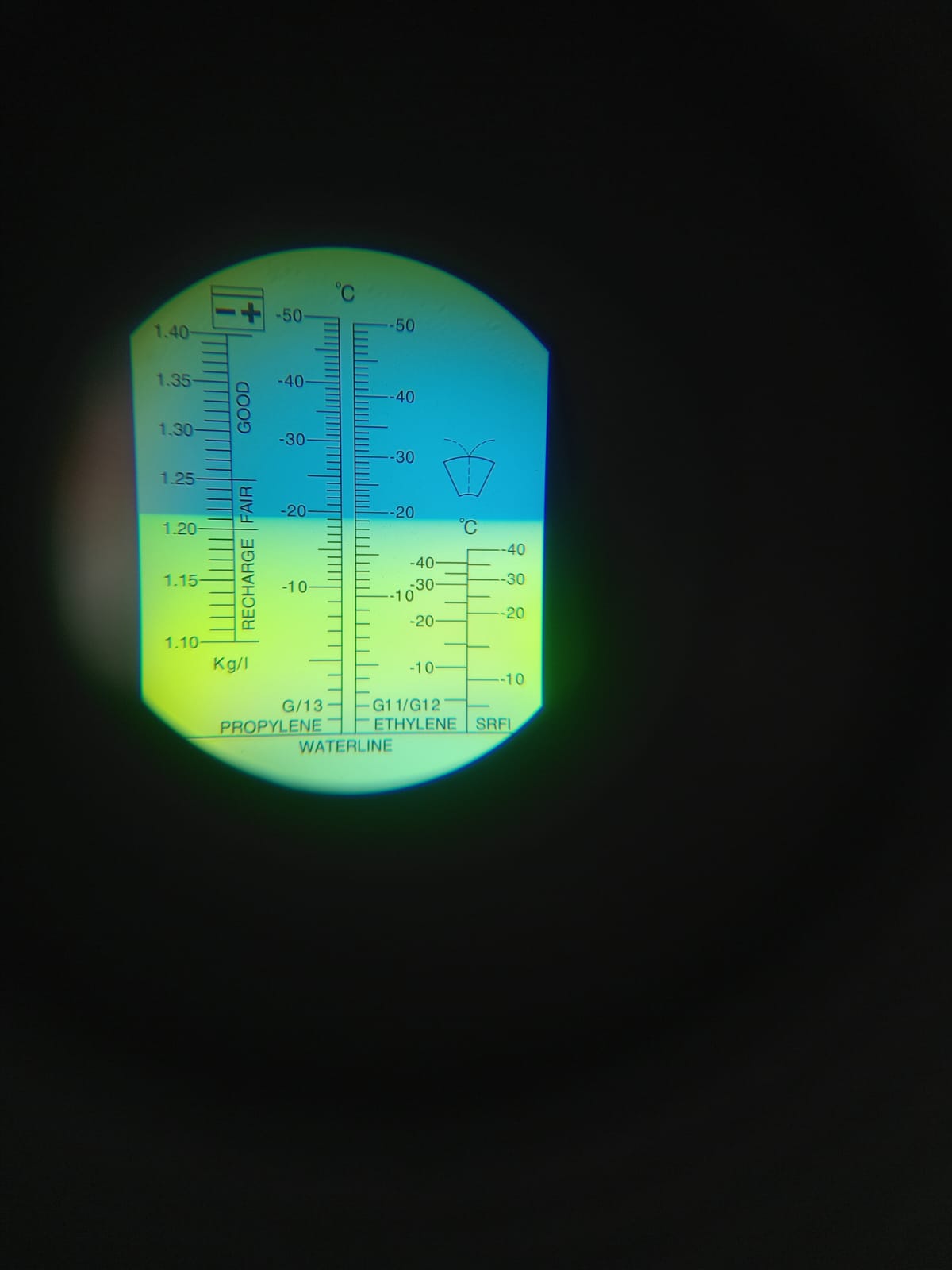 Refractometer scale — propylene/ethylene glycol freeze-point reading